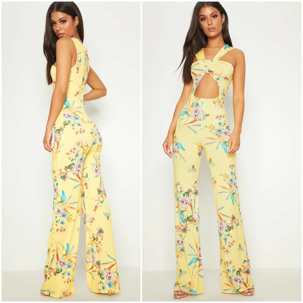 Pretty Little Thing NWT Lemon Floral Crepe Twist Front Jumpsuit Size 8
